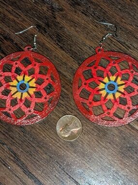 Hand Painted Indigenous Star Burst Dreamcatcher Wood Earrings